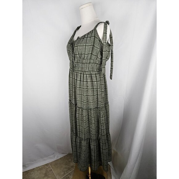Francesca's Joy Plaid Tiered Maxi Dress XL Green Tie Straps Milk Maid Boho - Picture 5 of 11